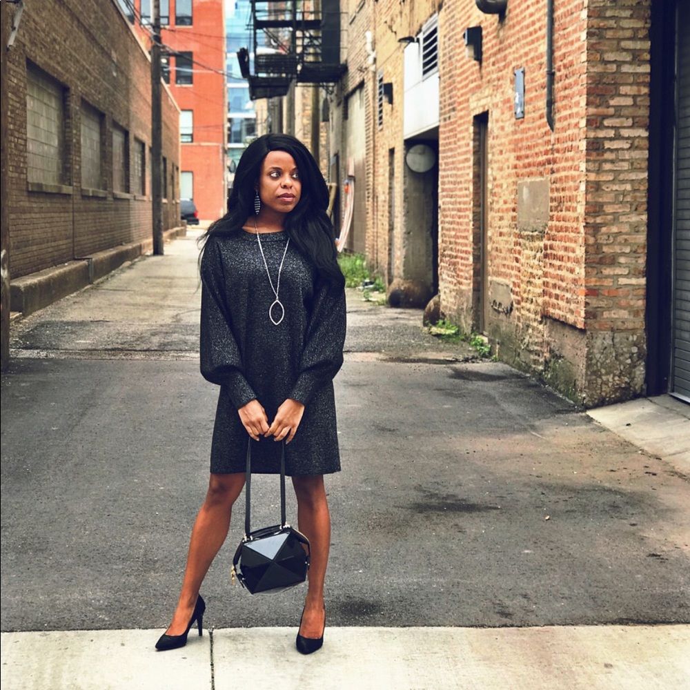 sparkling pewter sweater dress w/ puffy sleeves